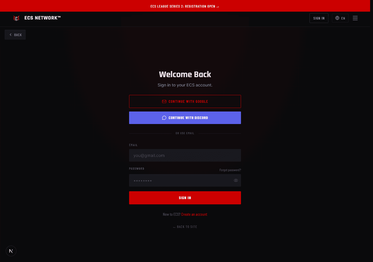 ECS Network sign-in page with Google, Discord, and email options